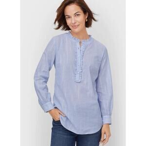 Talbots Womens M Petite Blue Stripe Ruffle Shimmer Popover Lightweight Blouse